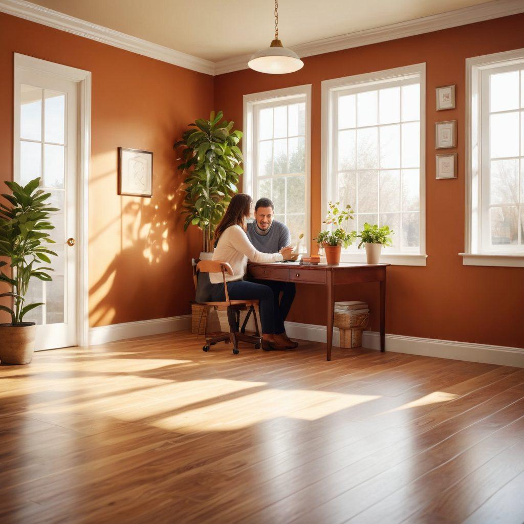 A warm, inviting scene showcasing a caring insurance agent discussing plans with a family in a cozy office setting. The backdrop features heart-shaped icons symbolizing devotion and trust. Soft sunlight filters through the window, casting gentle shadows, while a potted plant adds a touch of warmth. The family members exhibit a sense of relief and gratitude, emphasizing the connection between security and care. super-realistic. warm colors. inviting atmosphere.