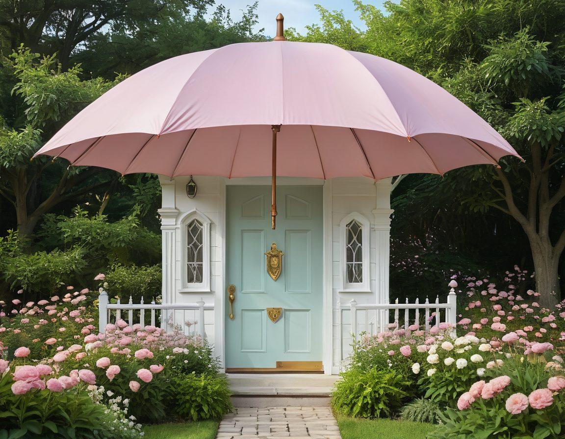 A serene landscape featuring a heart-shaped shield symbolizing love and protection, surrounded by a family embracing each other under a warm, glowing light. In the background, depict a tranquil home with lush greenery, showcasing safety and comfort. Include elements of various insurance symbols like umbrellas and locks artfully intertwined with blooming flowers, conveying security and care. pastel colors. soft focus. painting.