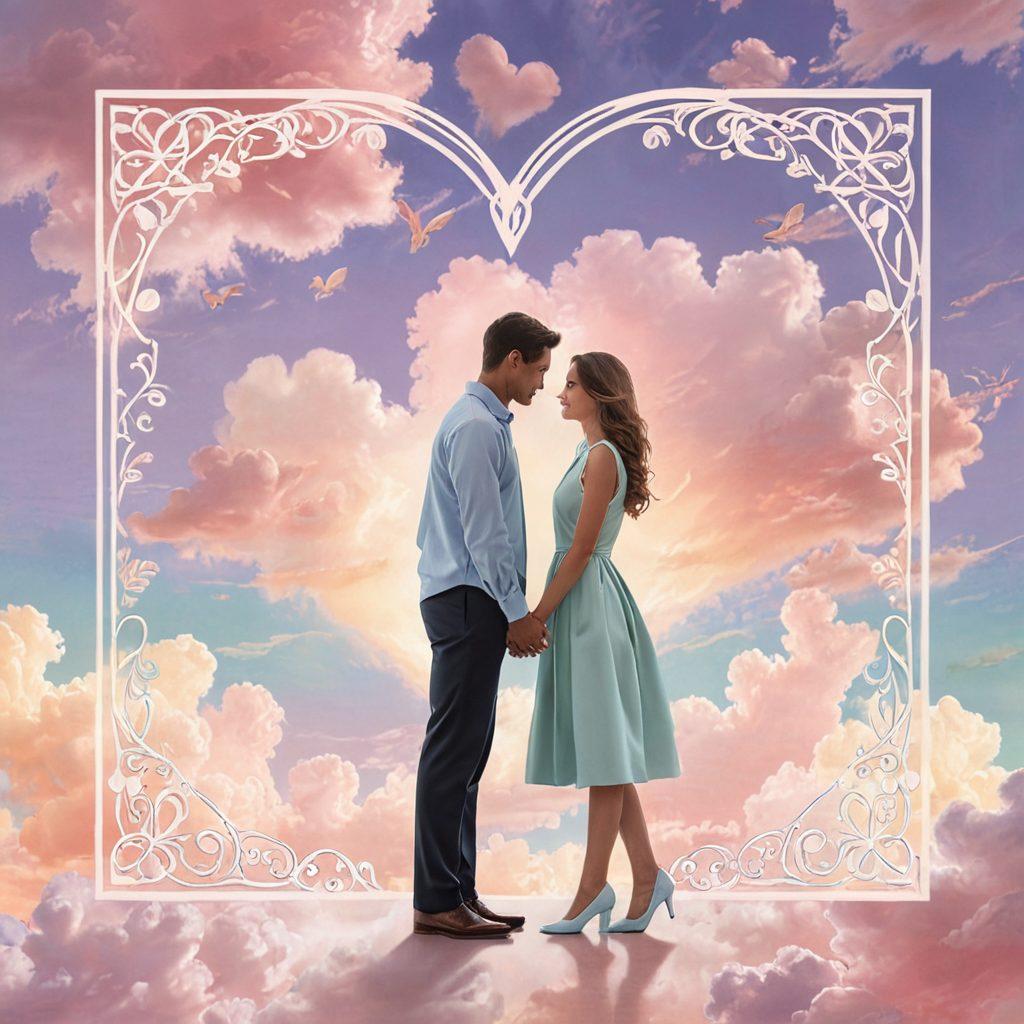 A beautifully designed romantic framework featuring interconnected hearts symbolizing love and commitment, overlaid with subtle financial elements like elegant scrolls showing coverage plans and premiums. The background should be soft and dreamy, merging pastel colors with swirling clouds, evoking feelings of warmth and trust. Include a couple holding hands, looking at their future together, amidst the heart and plans. romantic illustration. soft pastel colors. dreamy background.